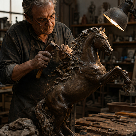 Assemblage et soudure d’une sculpture monumentale de cheval dans un atelier de fabrication