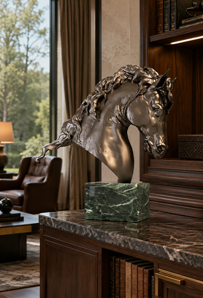 Buste de cheval en bronze installé sur un socle en marbre dans un intérieur élégant