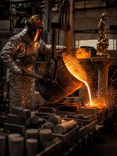 Artisan de fonderie réalisant une coulée de métal pour la fabrication d’une sculpture sur mesure