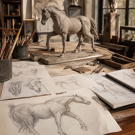 Maquette de cheval en cours de conception entourée de croquis préparatoires sur une table d’atelier