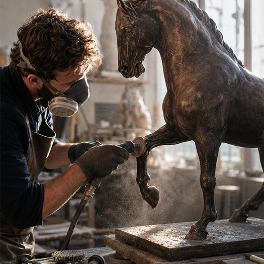 Artisan réalisant le travail de finition sur une sculpture de cheval en bronze dans un atelier