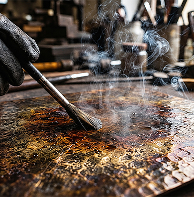 Travail de finition et de patine sur une surface métallique dans un atelier de sculpture