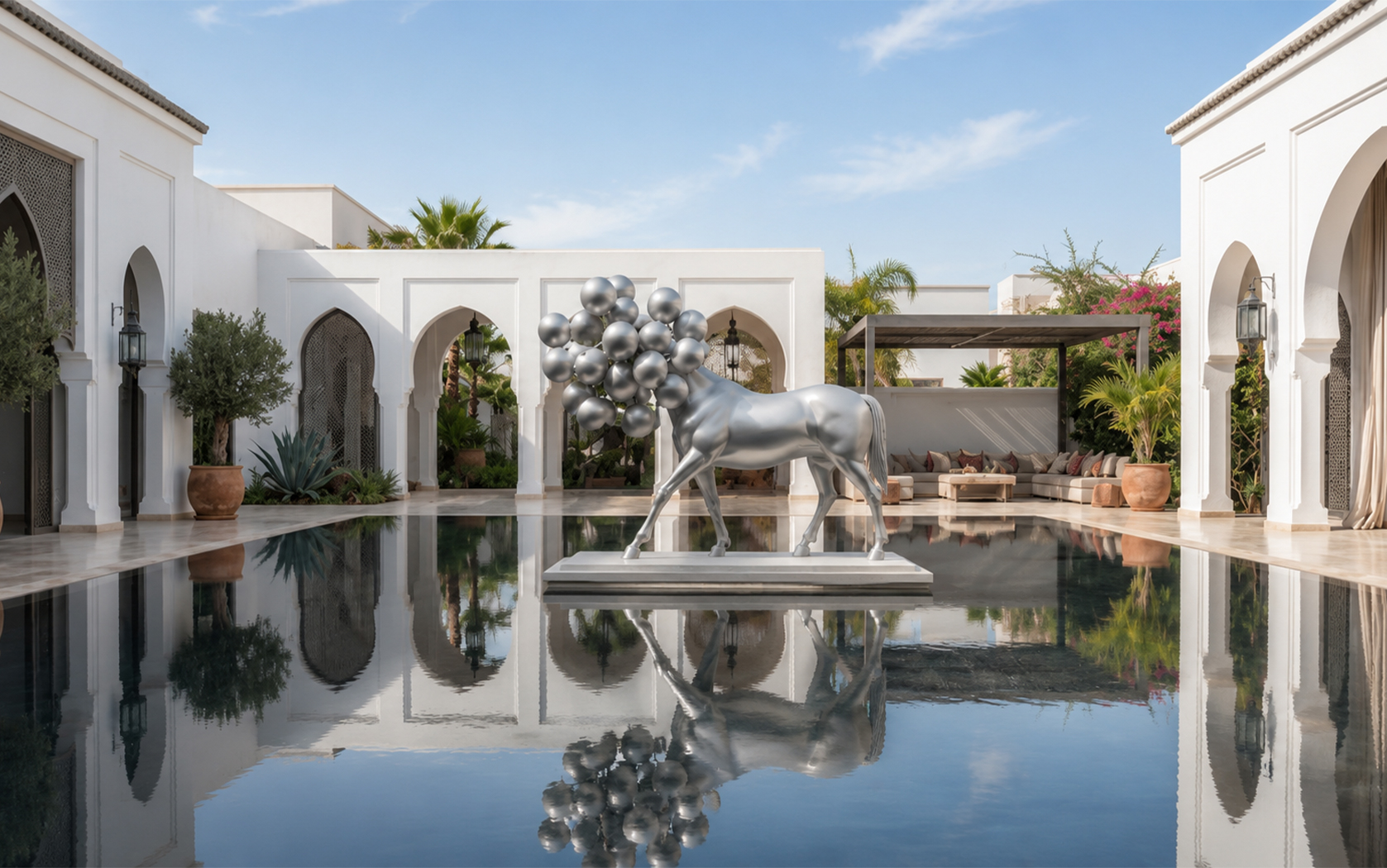 Installation de la sculpture de cheval argentée L’Étalon d’Argent dans la cour d’une villa marocaine avec bassin