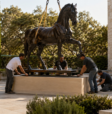 Équipe installant une sculpture monumentale de cheval à l’aide d’un système de levage dans un espace extérieur