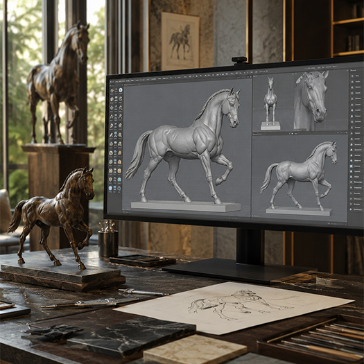 Écran affichant la modélisation 3D d’une sculpture de cheval dans un atelier de création