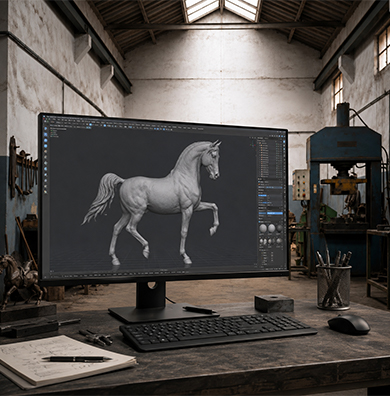 Écran d’ordinateur affichant la modélisation 3D d’une sculpture de cheval dans un atelier