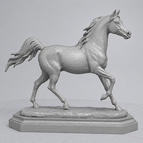 Modélisation 3D détaillée d’un cheval en mouvement avant la fabrication de la sculpture