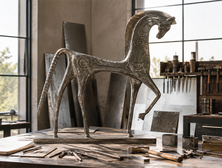 Prototype de sculpture de cheval utilisé pour étudier les volumes et la silhouette avant fabrication