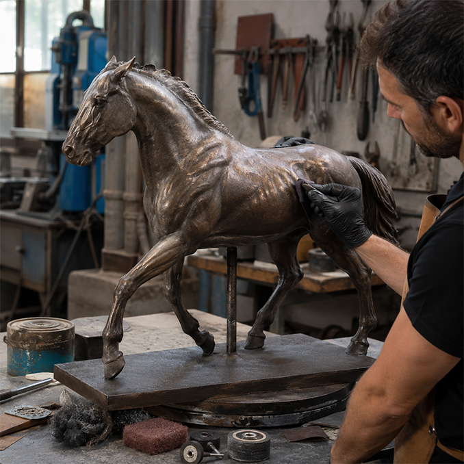 Artisan travaillant les finitions d’une sculpture de cheval personnalisée destinée à un haras