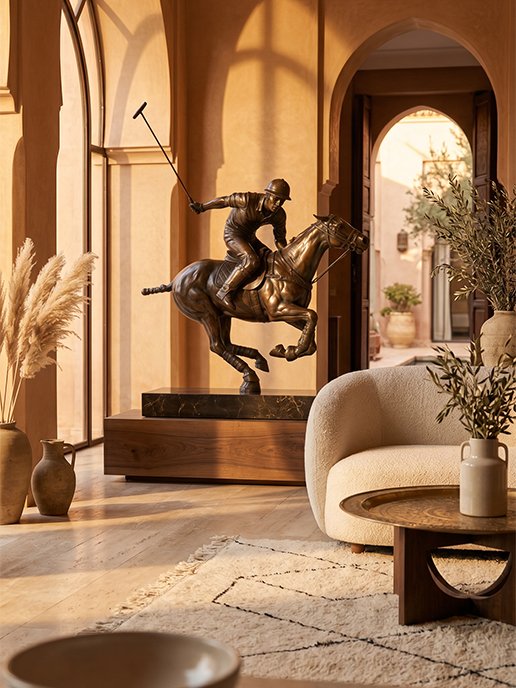 Sculpture en bronze représentant un cavalier de polo sur son cheval dans un intérieur raffiné