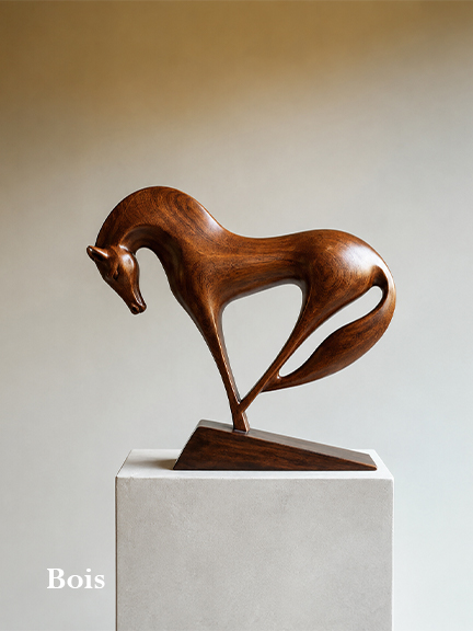 Sculpture de cheval contemporaine en bois avec finition naturelle chaleureuse