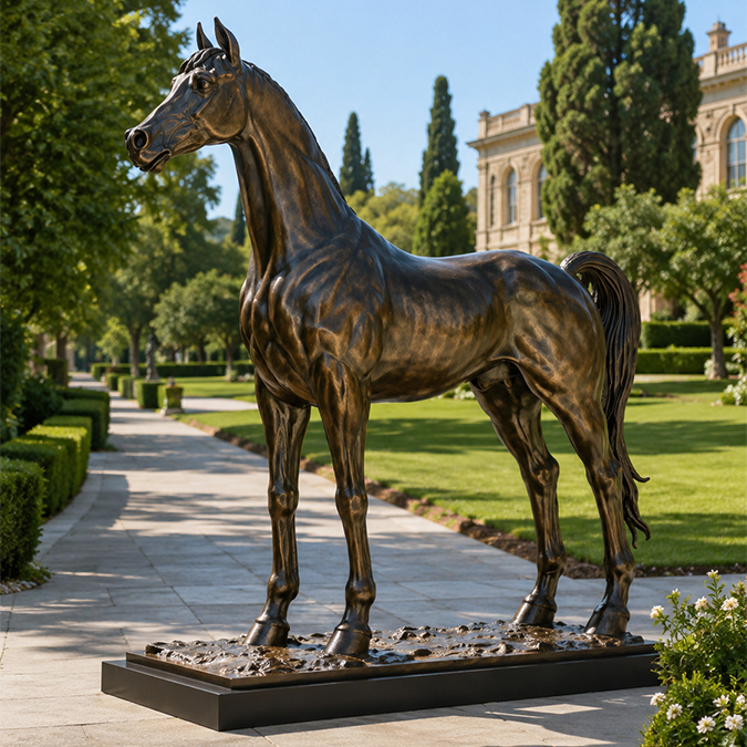 Sculpture réaliste de cheval en bronze installée dans le jardin paysager d’une propriété de prestige