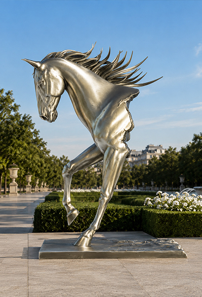 Sculpture contemporaine de cheval argenté installée en extérieur dans un jardin paysager