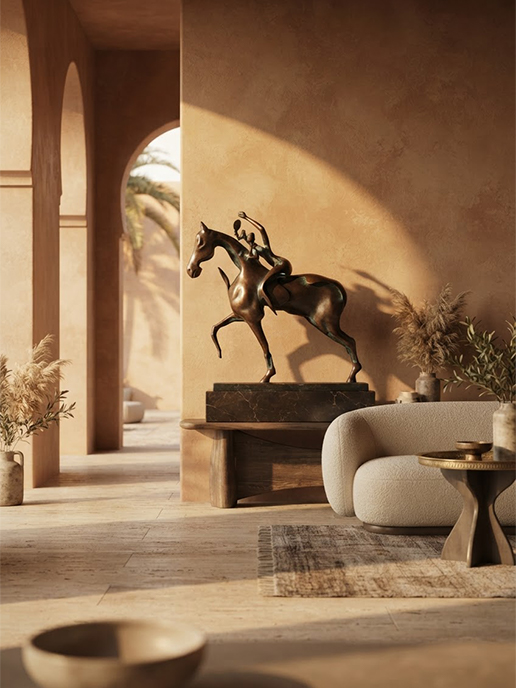 Sculpture décorative de cheval installée dans un intérieur élégant aux tons chaleureux