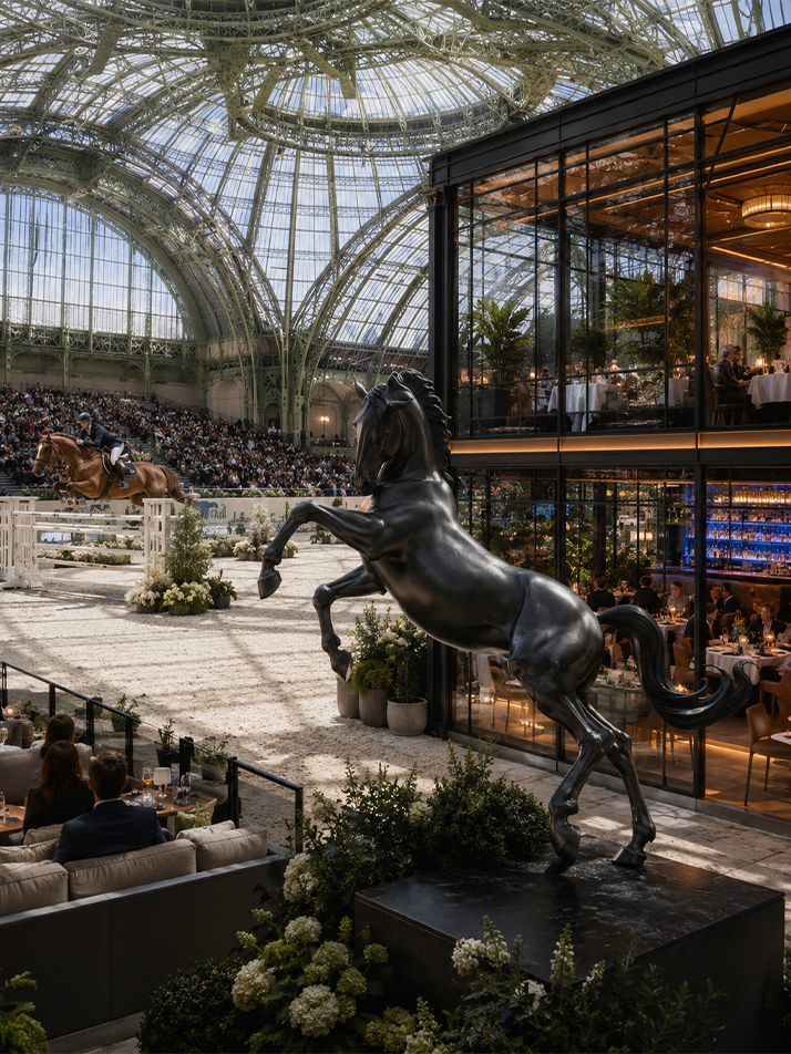 Sculpture monumentale de cheval noir installée dans un espace de compétition équestre