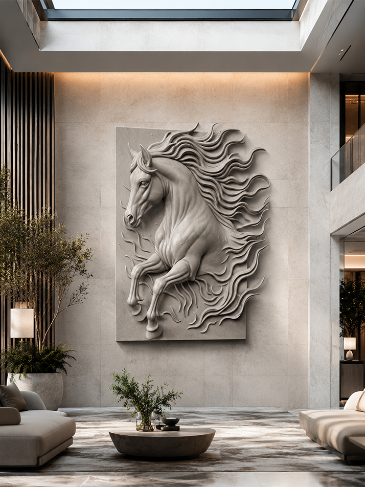 Sculpture murale en bas-relief représentant un cheval dans un intérieur contemporain