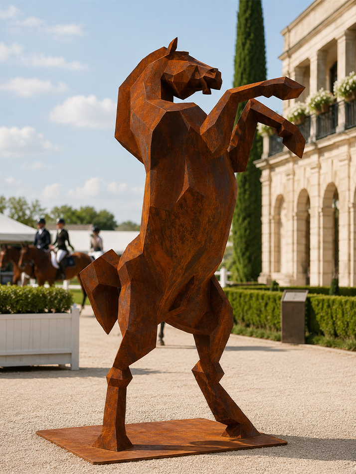 Sculpture de cheval origami cabré en acier Corten installée dans un espace extérieur