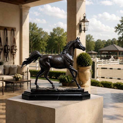 Sculpture personnalisée de cheval noir installée sur un socle dans un environnement équestre extérieur