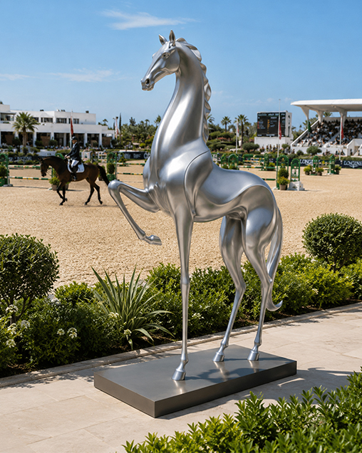 Sculpture argentée représentant un cavalier à cheval accompagné d’un soigneur devant l’entrée d’un haras