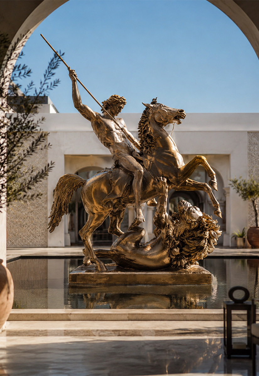 Grande sculpture équestre monumentale en bronze installée dans un bassin au sein d’un domaine de prestige