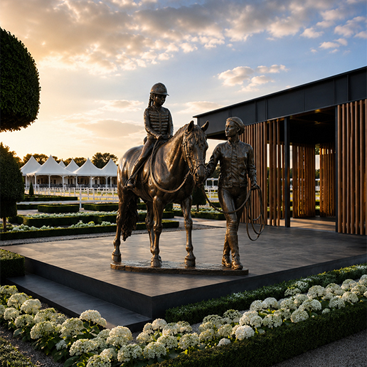 Sculpture monumentale représentant un cheval accompagné de personnages dans un espace équestre paysager