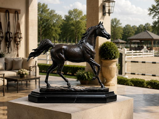 Statue réaliste de cheval noir présentée sur un socle dans un environnement équestre